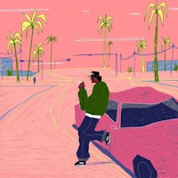 a man is leaning on a pink car in front of palm trees