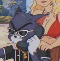 a cartoon cat talking on the phone with a woman in a bikini